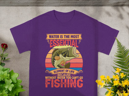 Purple t-shirt with graphic featuring a fish and text about fishing.
