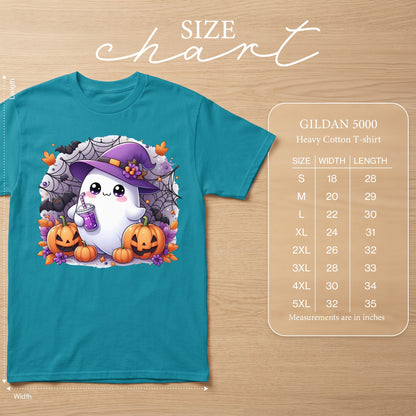 Teal t-shirt with Halloween ghost, pumpkins, bats, and spiderwebs design, includes size chart.