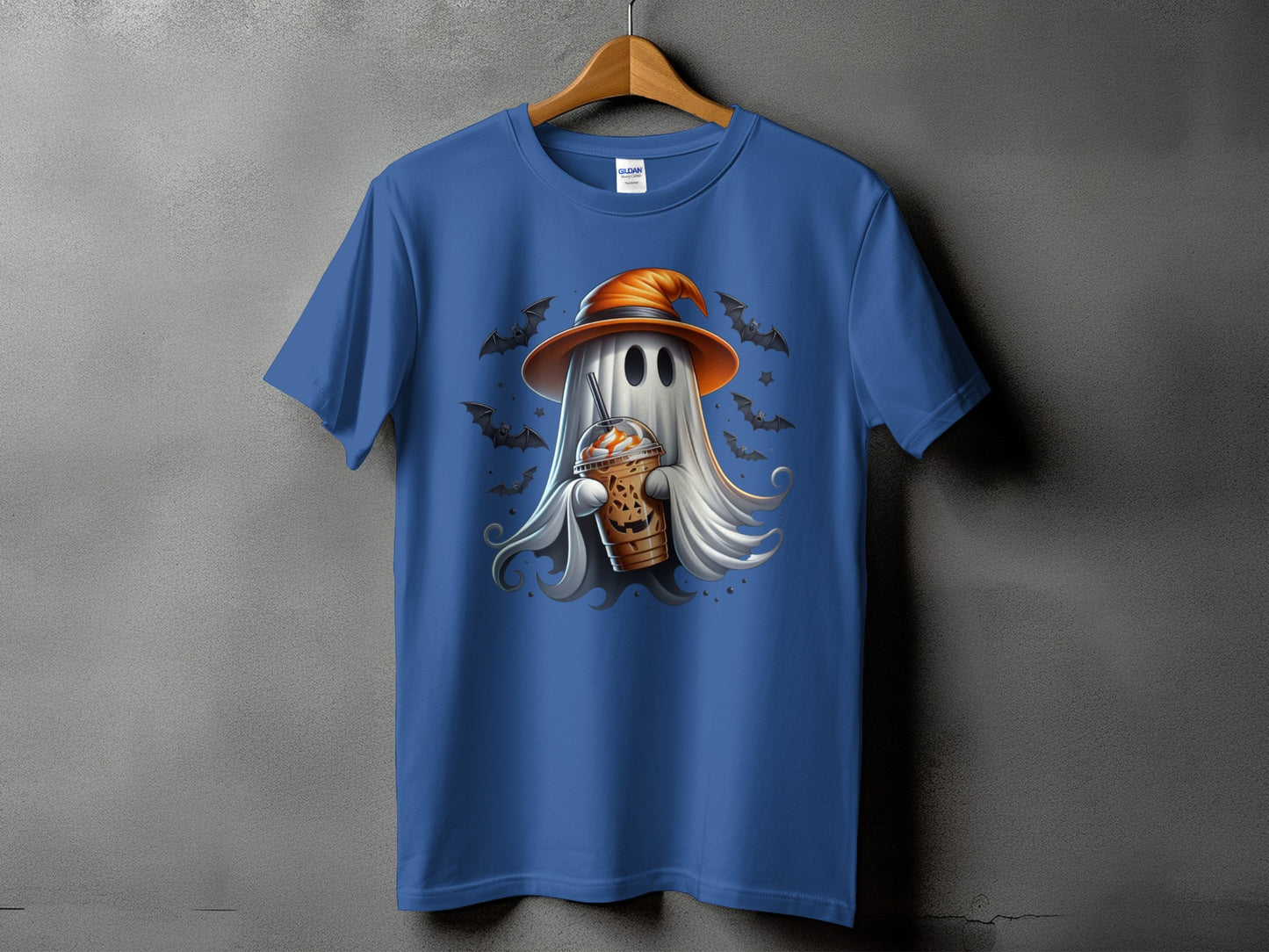 Blue t-shirt with a ghost wearing an orange hat holding a pumpkin coffee cup.