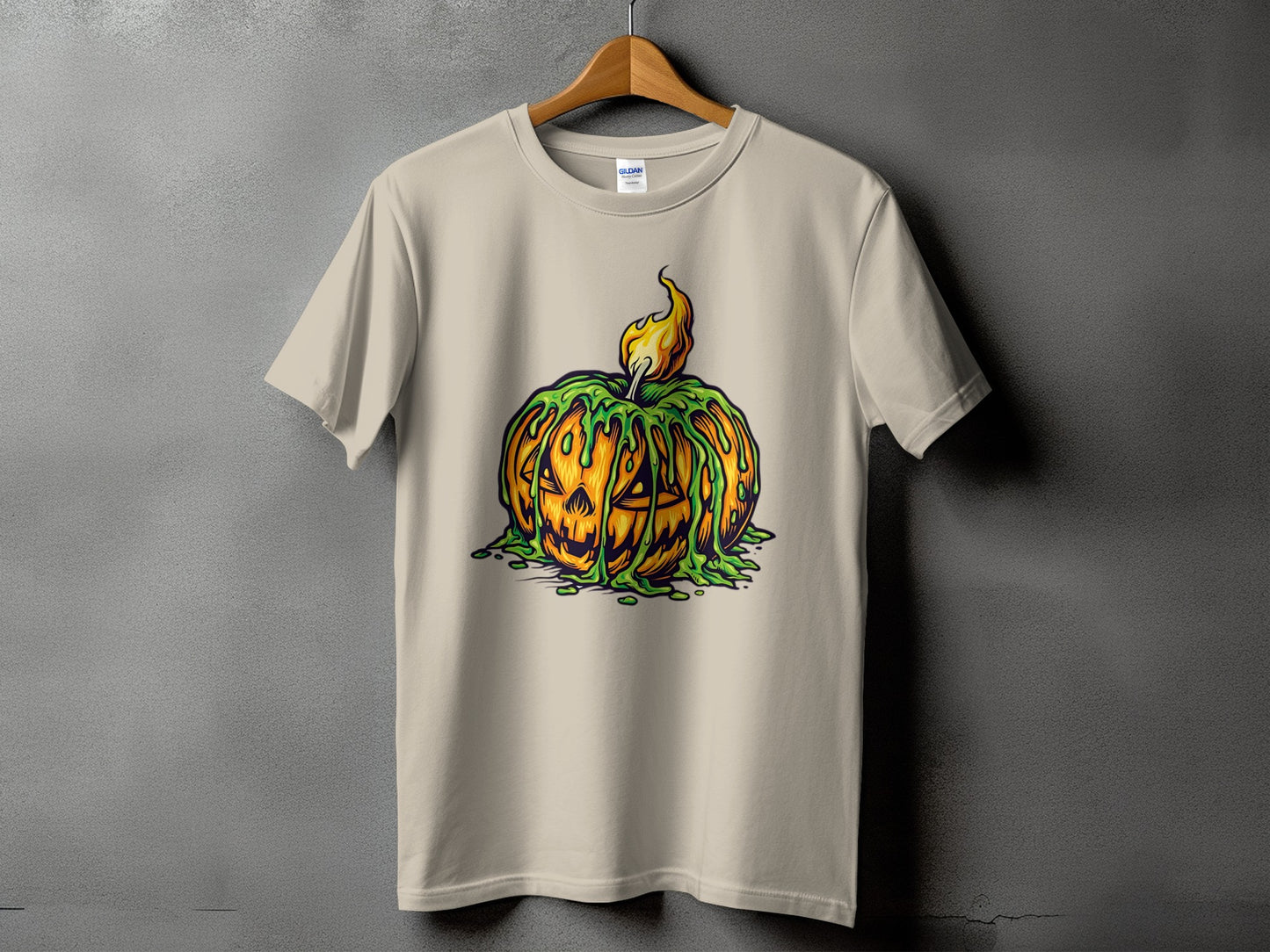 T-shirt with a dripping, flaming jack-o'-lantern graphic.