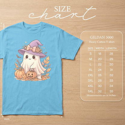 Light blue Gildan 5000 t-shirt with a cute ghost graphic and size chart.