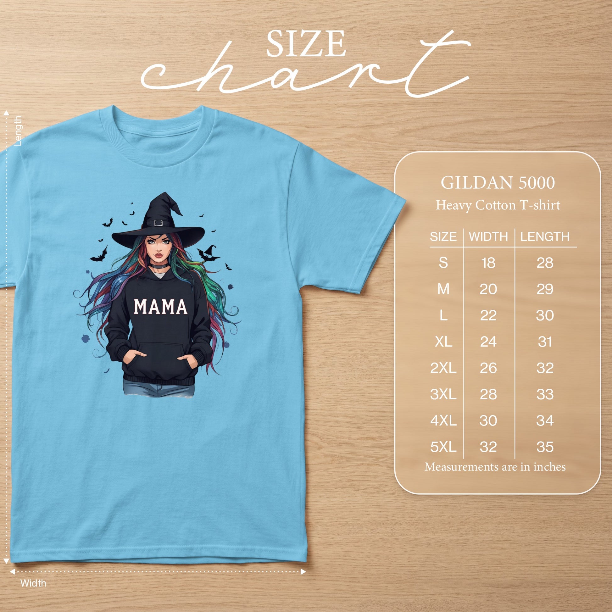 Light blue t-shirt with witch graphic and size chart for Gildan 5000 heavy cotton t-shirt.