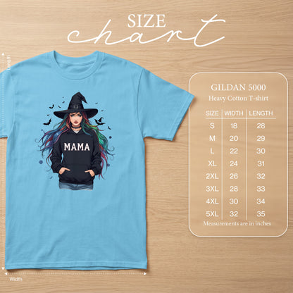Light blue t-shirt with witch graphic and size chart for Gildan 5000 heavy cotton t-shirt.