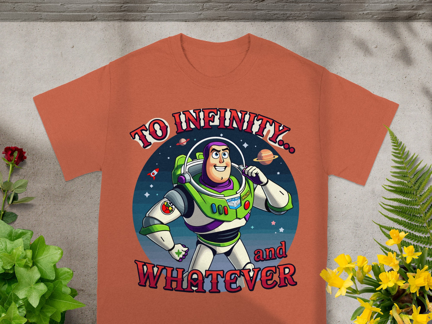 Buzz Lightyear t-shirt with "To Infinity... and WHATEVER" text.