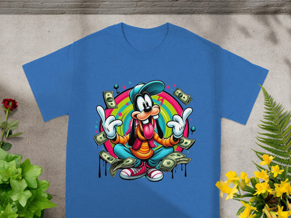 Goofy t-shirt with money, rainbow, and colorful cartoon background.