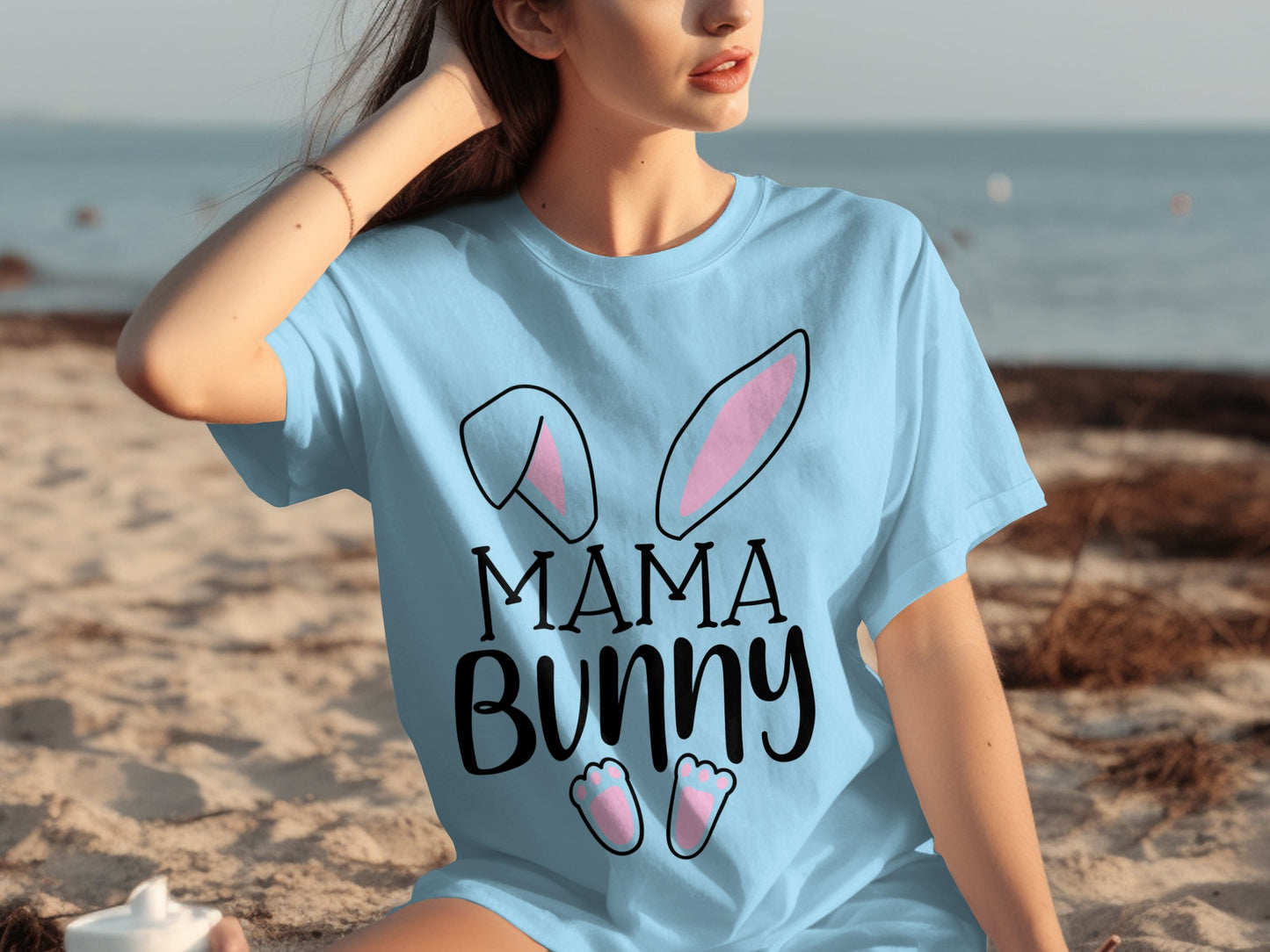 Blue Mama Bunny Tee with Cute Ears and Paws Design
