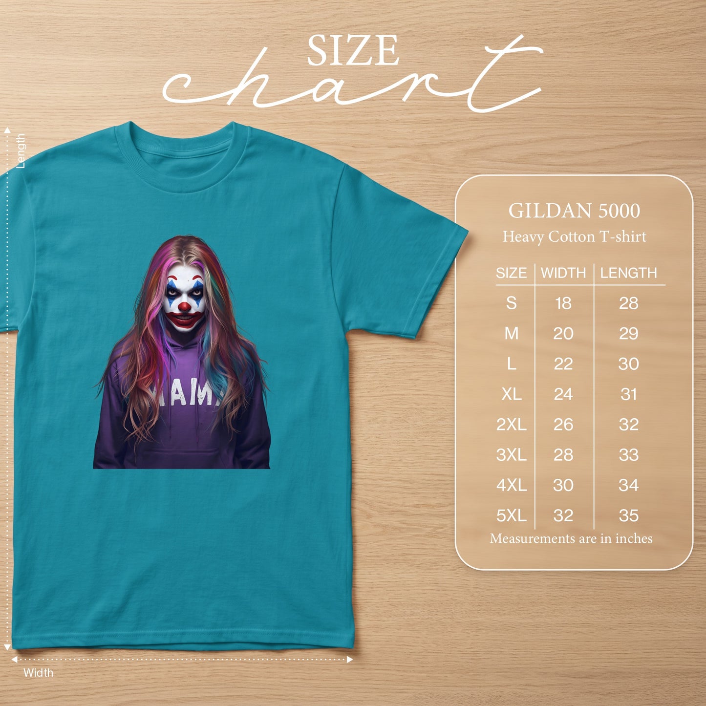 Teal t-shirt with a clown graphic, next to a Gildan 5000 size chart.