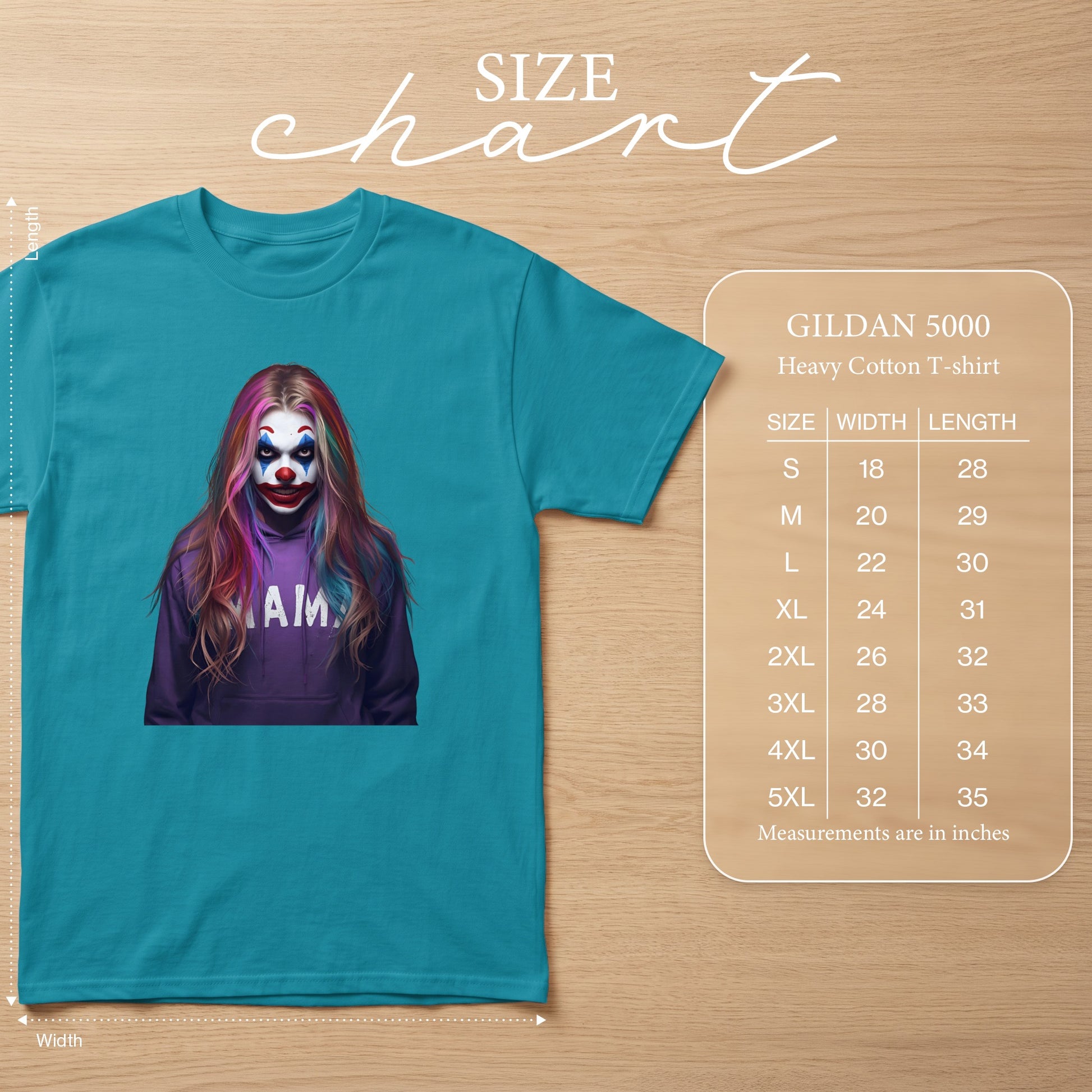 Teal t-shirt with a clown graphic, next to a Gildan 5000 size chart.