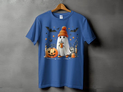 Blue t-shirt with ghost wearing orange hat, holding drink, with pumpkin and bats.