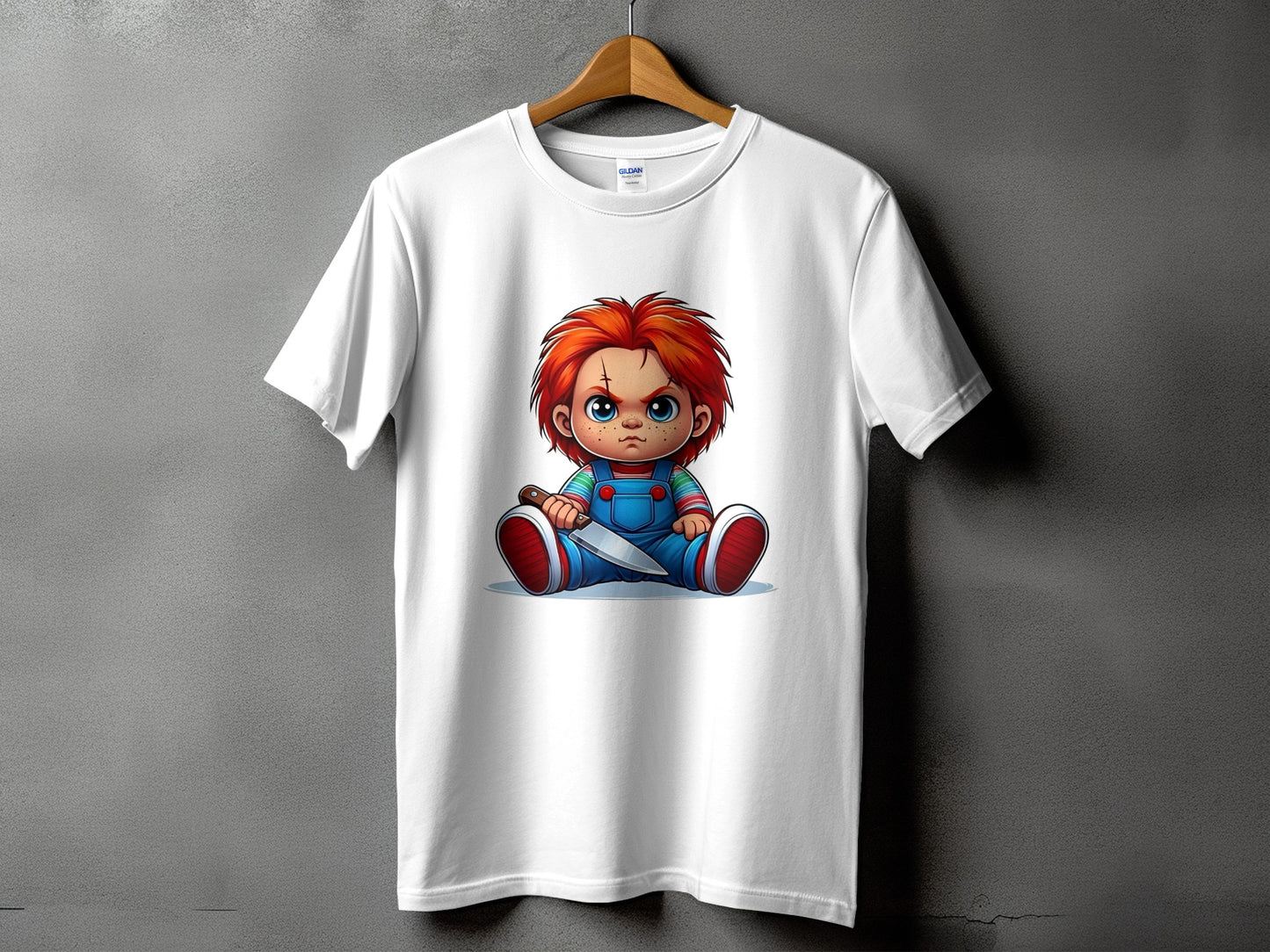 White t-shirt featuring Chucky doll illustration with a knife.