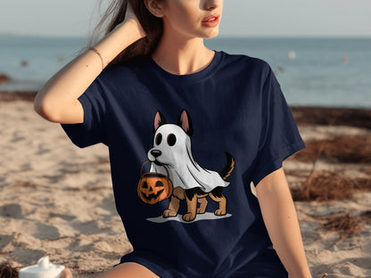 Cute Halloween Ghost Dog with Pumpkin Design Shirt