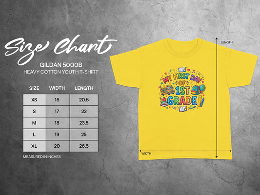Yellow "My First Day of 1st Grade" youth t-shirt with size chart.
