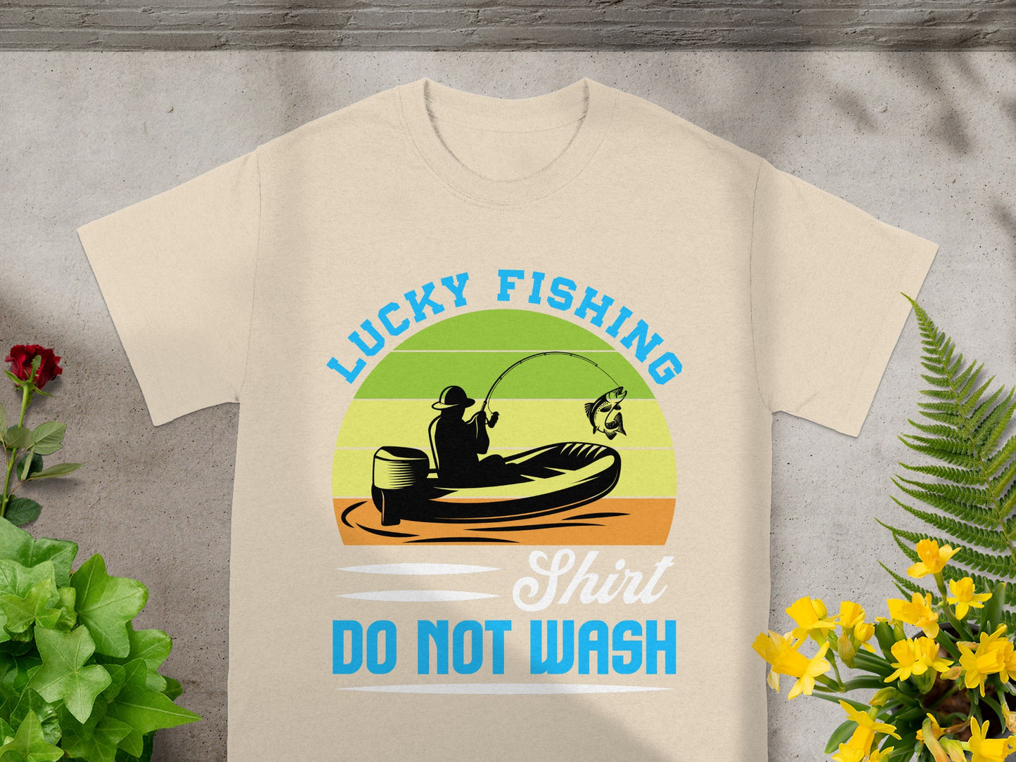 Lucky Fishing shirt with a fisherman in a boat catching a fish, do not wash.