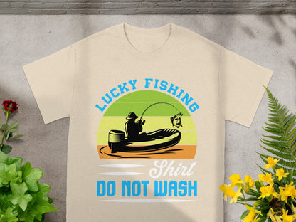 Lucky Fishing shirt with a fisherman in a boat catching a fish, do not wash.