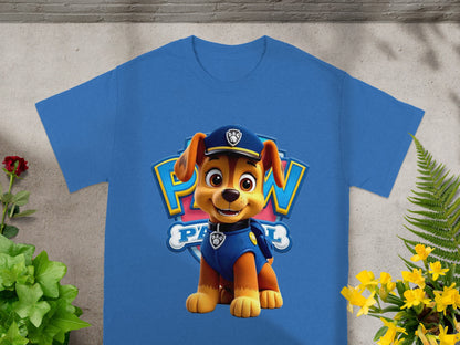Blue t-shirt with Paw Patrol character Chase in uniform.
