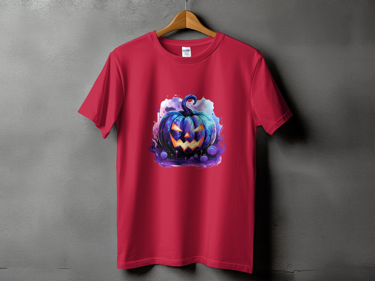 Red t-shirt with a spooky, blue, jack-o'-lantern Halloween graphic.