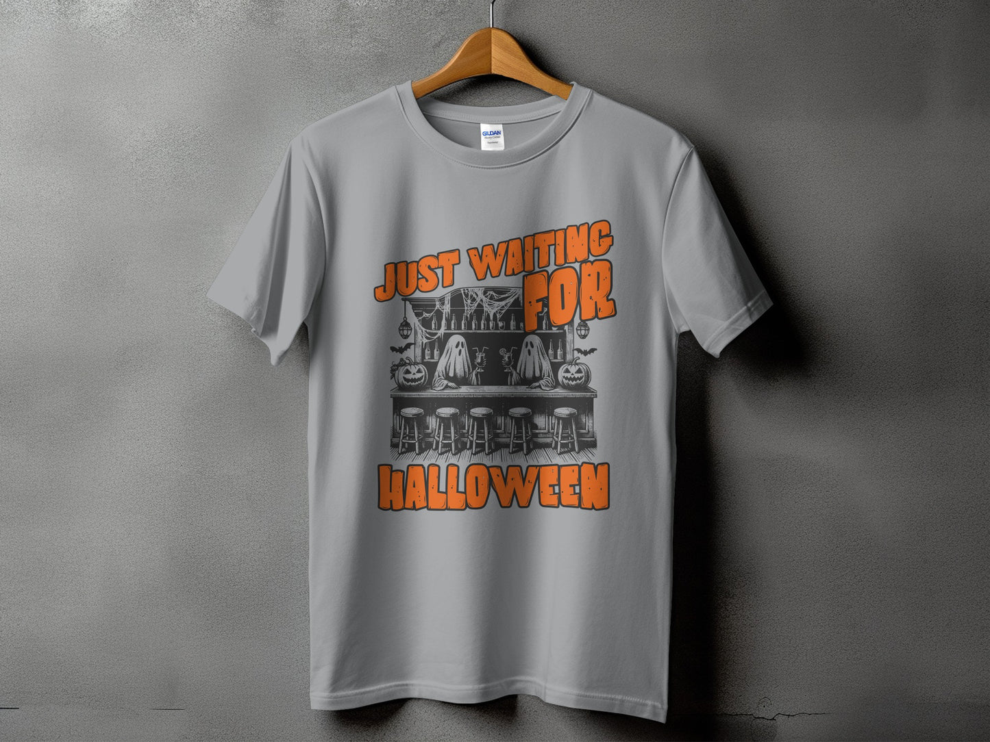 Grey t-shirt with "Just Waiting For Halloween" text and spooky bar scene.