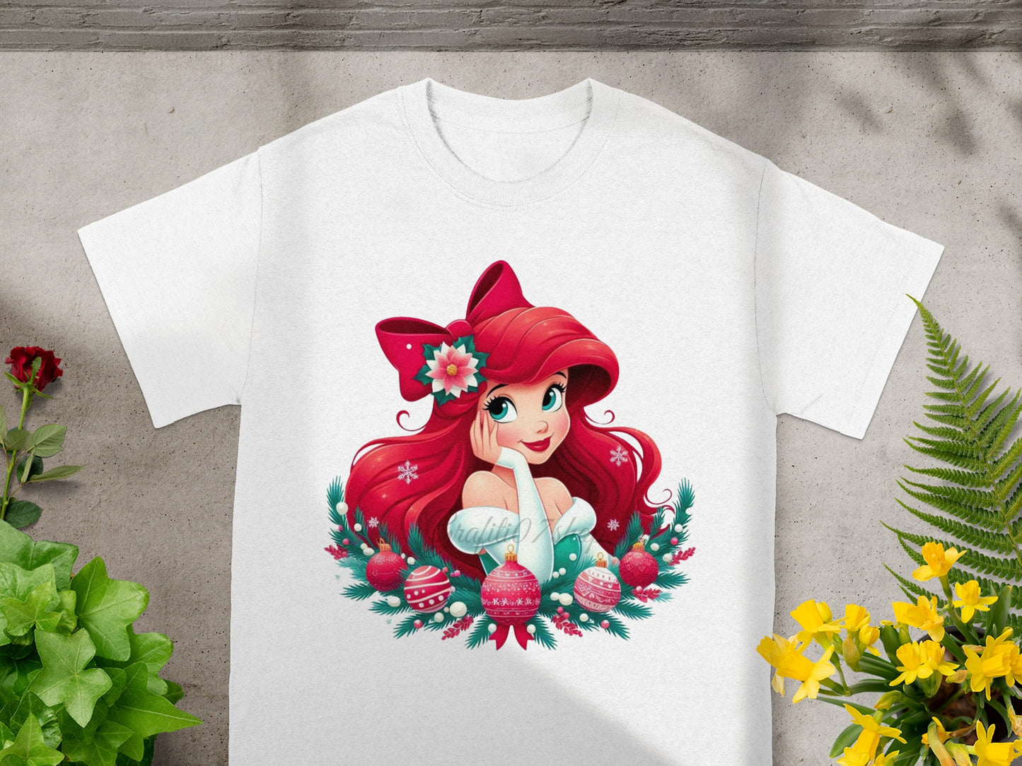 Festive Red-Haired Mermaid Holiday Graphic T-Shirt