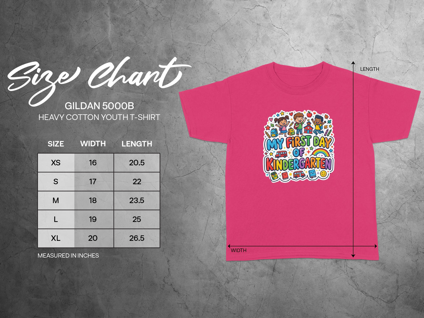 Gildan 5000B youth t-shirt size chart with width and length measurements.