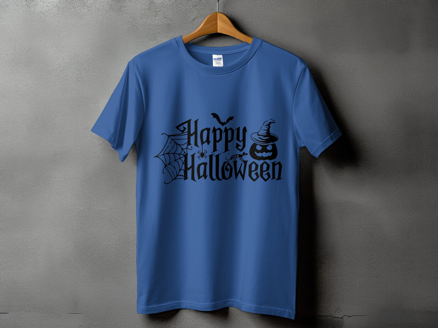 Blue t-shirt with black "Happy Halloween" text, bat, spider, and pumpkin graphics.