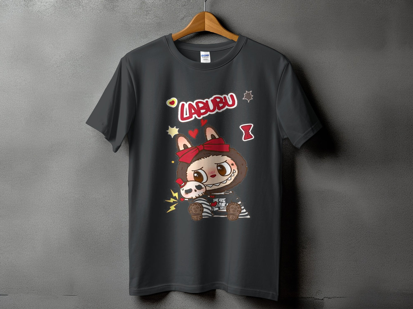 Dark gray t-shirt with "LABUBU" text and cartoon character holding a skull.