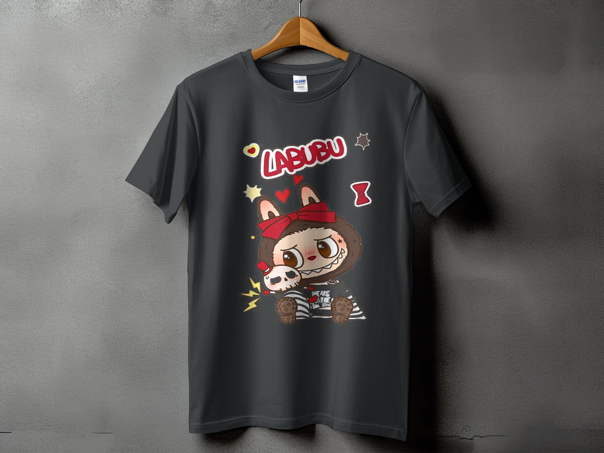 Dark gray t-shirt with "LABUBU" text and cartoon character holding a skull.