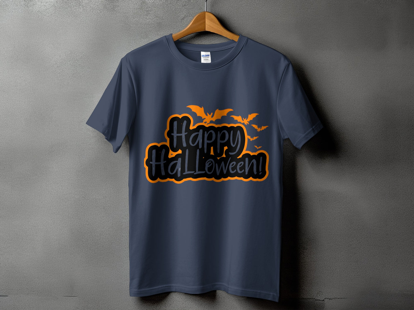 Dark blue t-shirt with "Happy Halloween!" text and flying bats graphic.