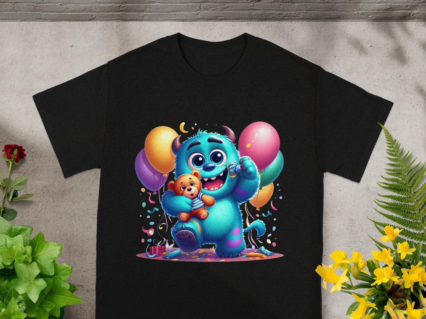 Sulley from Monsters, Inc. holding a teddy bear with balloons and confetti.