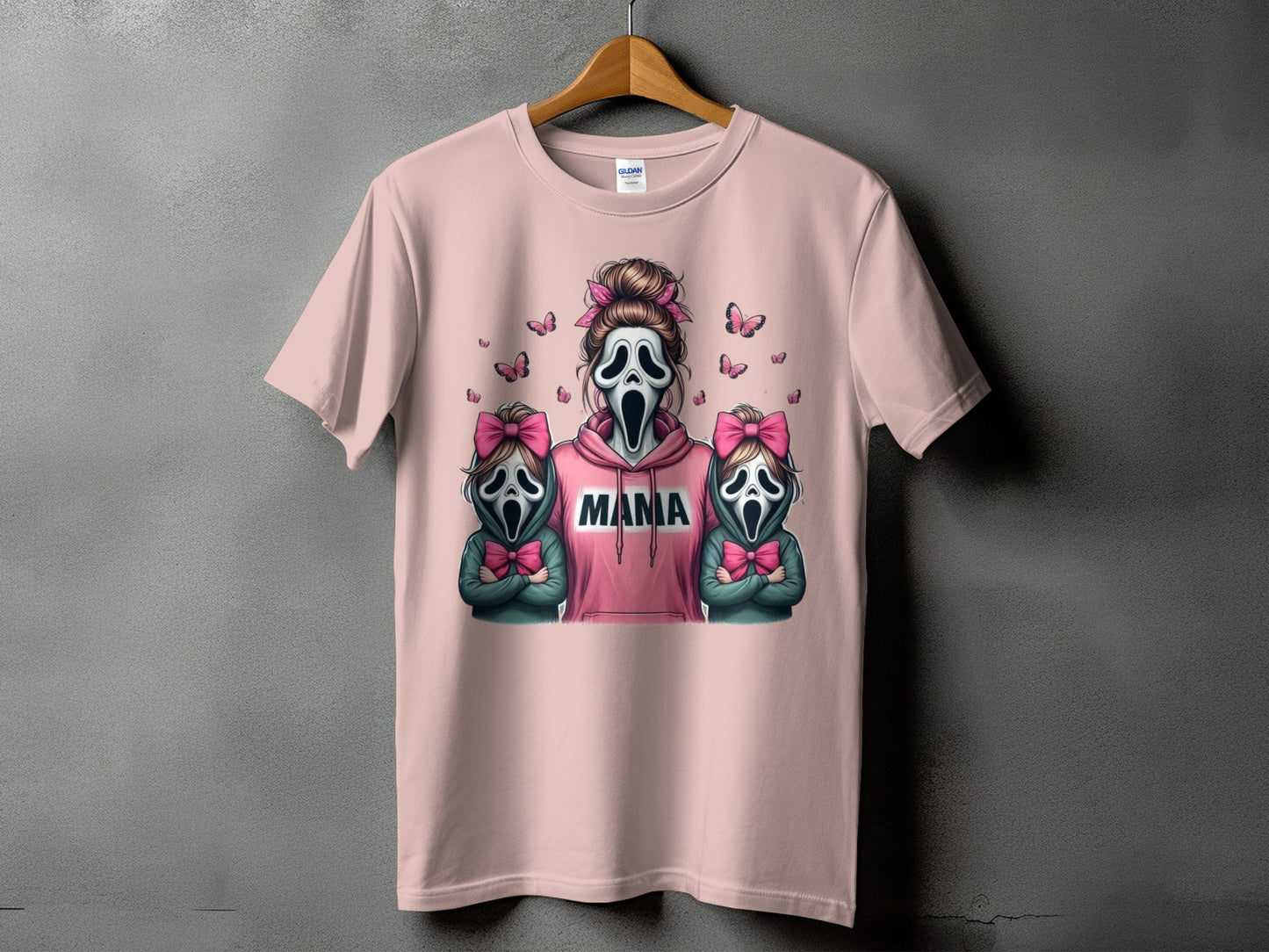 Pink t-shirt with "Mama" text, Ghostface mask and two children in masks.