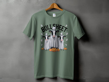 Three cows in ghost costumes with pumpkins and ghosts, text reads "BULL' SHEET".