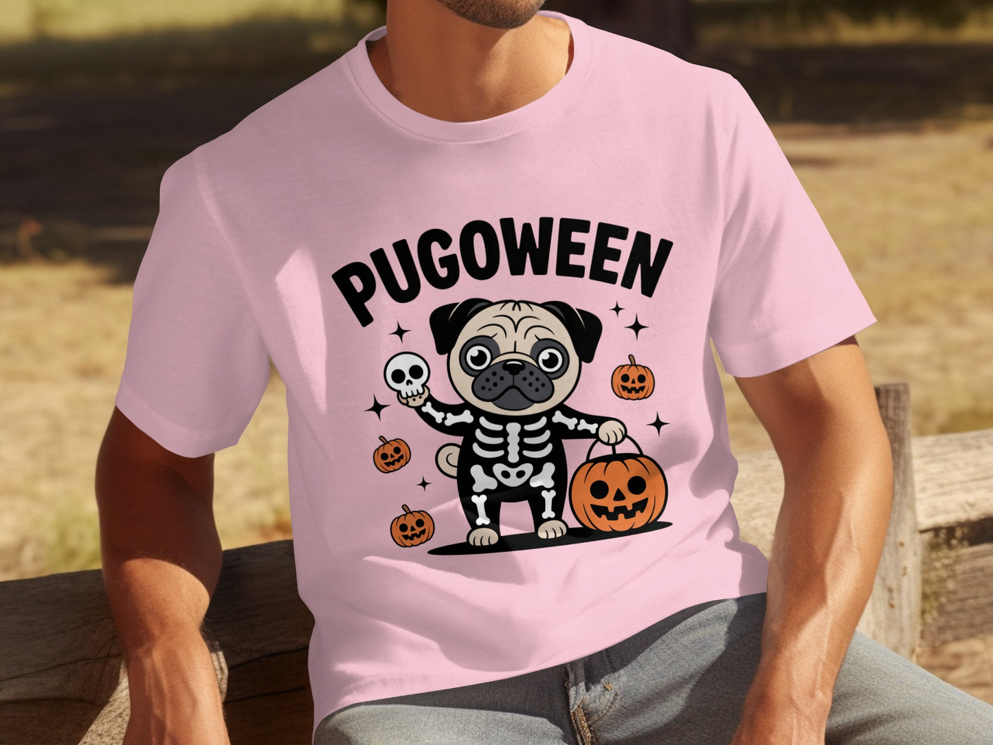 Funny Pugoween Halloween Shirt with Skeleton Pug Design