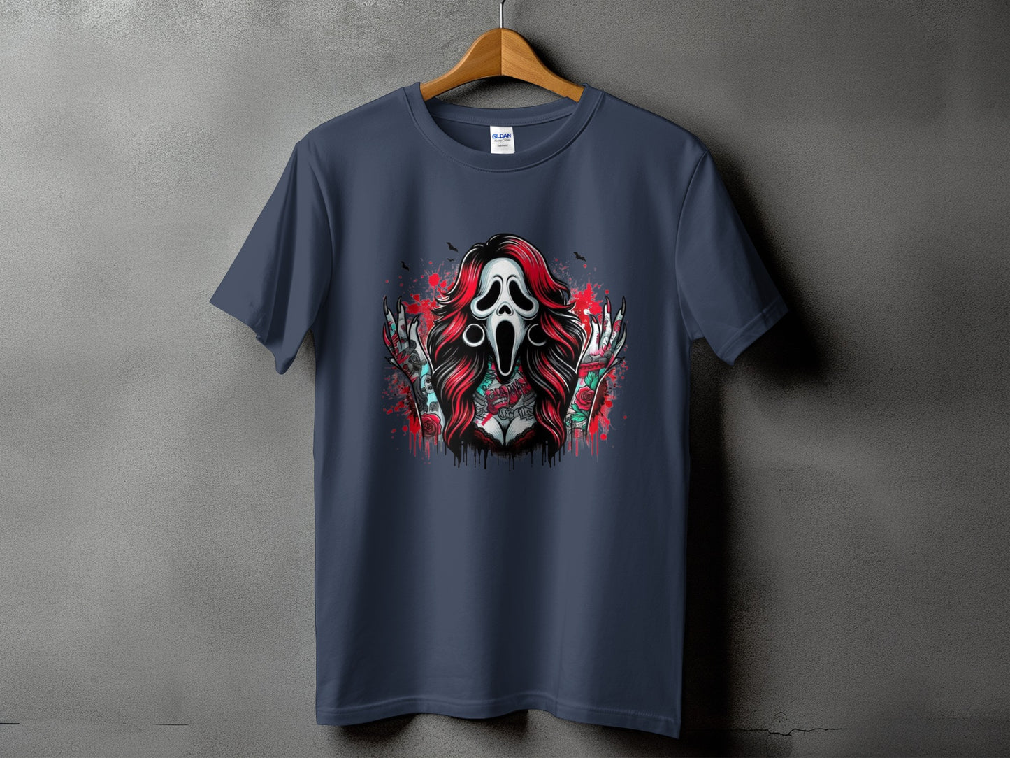 Ghostface mask graphic with red hair, roses, and tattoos on a dark blue t-shirt.