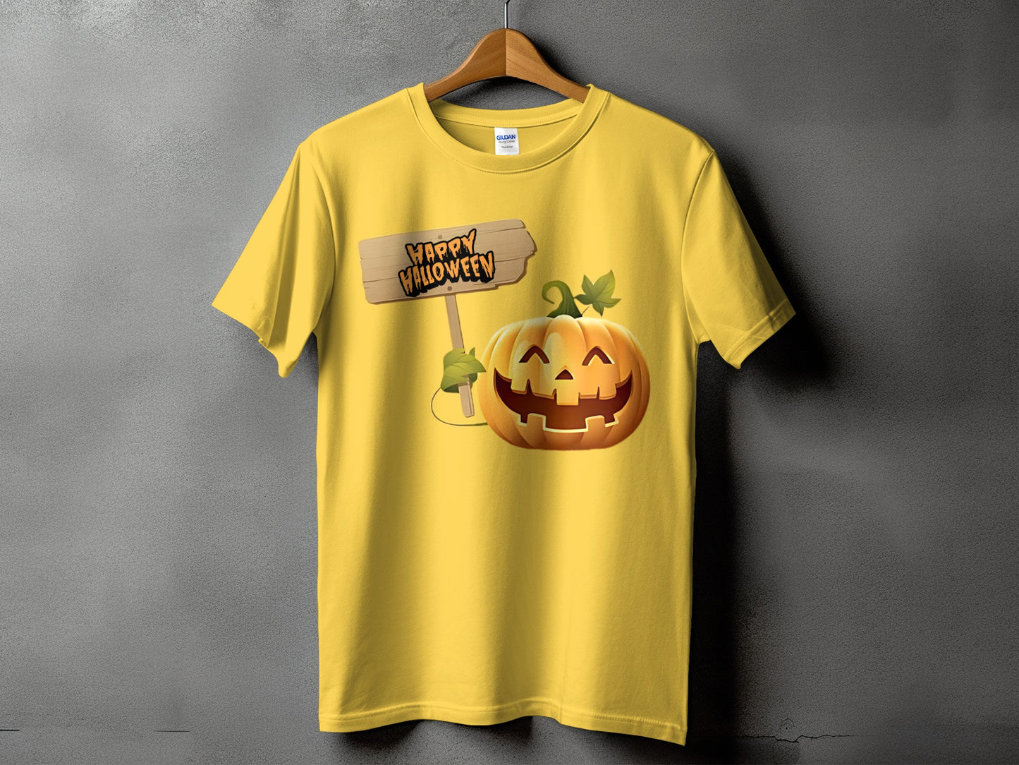 Yellow t-shirt with a jack-o'-lantern and "Happy Halloween" sign graphic.