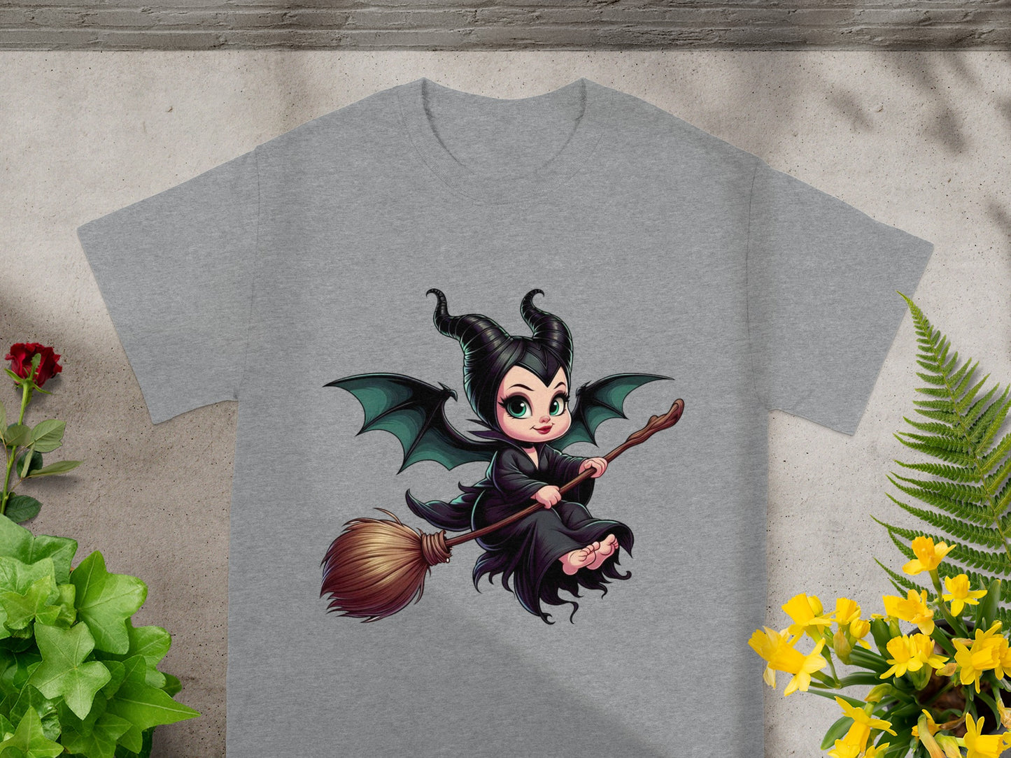 Chibi Maleficent riding a broomstick with outstretched wings.