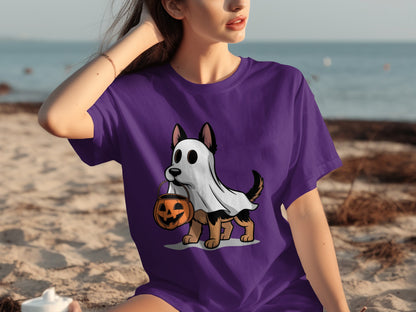 Cute Halloween Dog Ghost Purple Shirt Halloween T-shirt