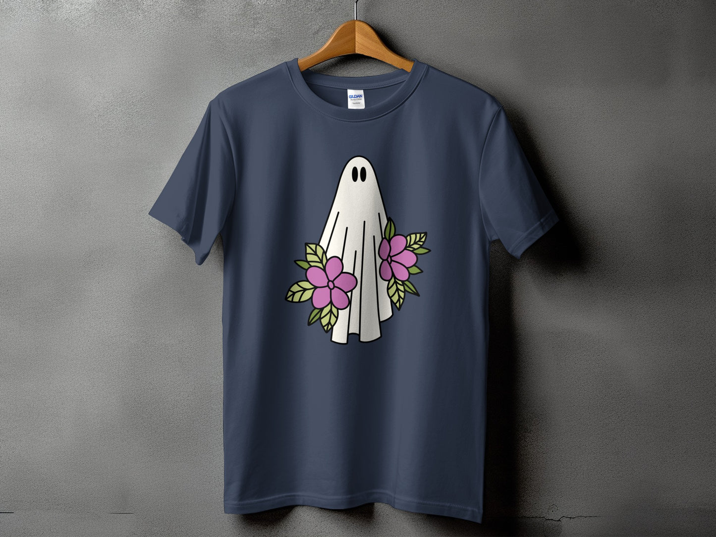 Dark blue t-shirt featuring a white ghost with two pink flowers and green leaves.