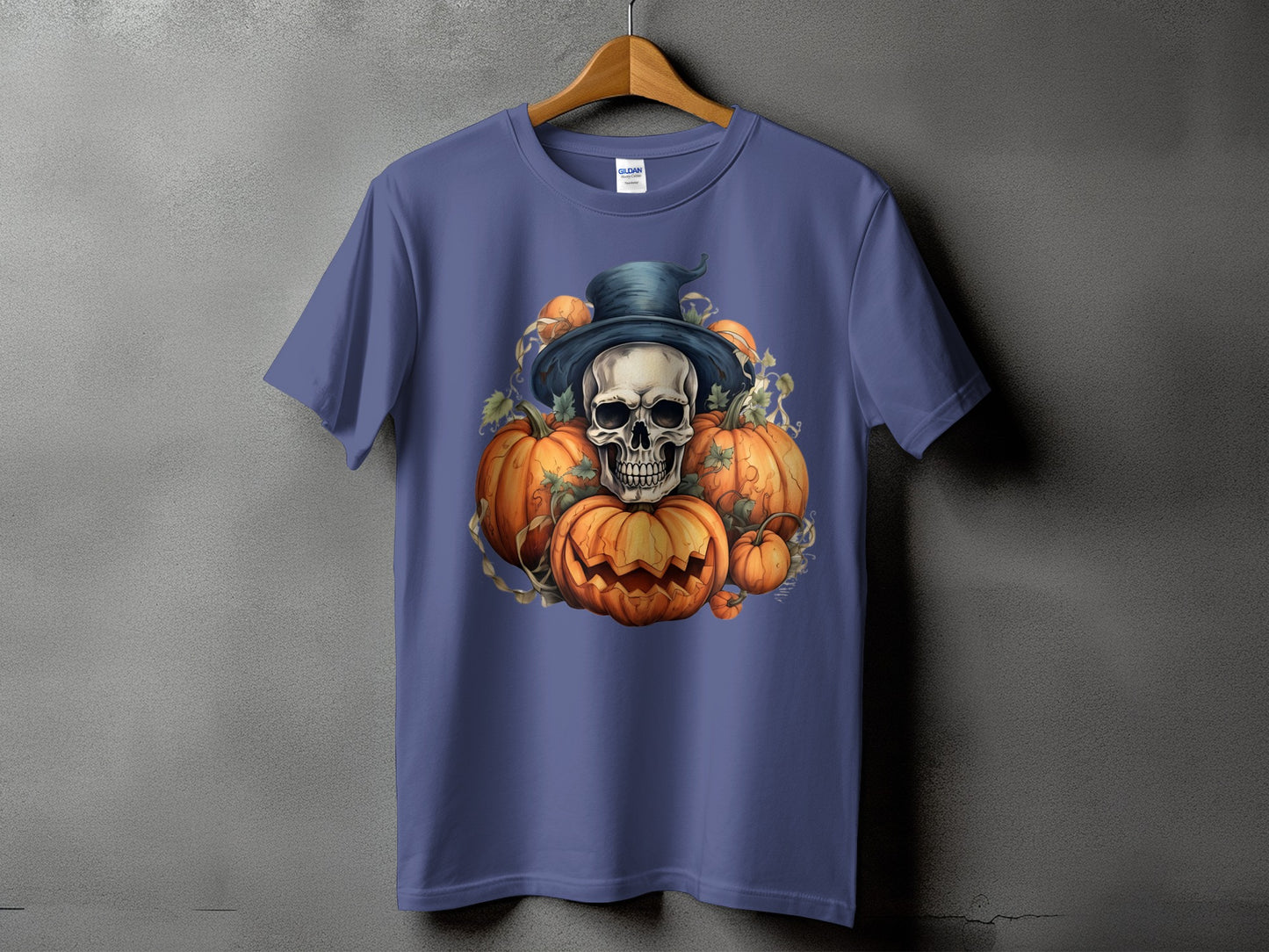 Purple t-shirt with a skull, top hat, and pumpkins graphic.