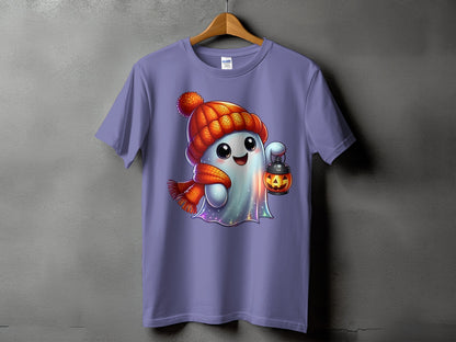 Purple t-shirt with a cute ghost holding a pumpkin lantern and wearing a hat.
