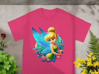 Tinkerbell on a bright pink t-shirt with flowers and foliage.
