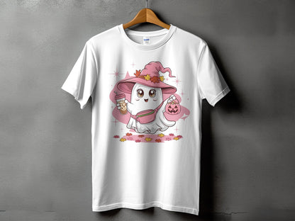 White t-shirt with a cartoon ghost wearing a pink witch hat holding a bubble tea and a pumpkin.