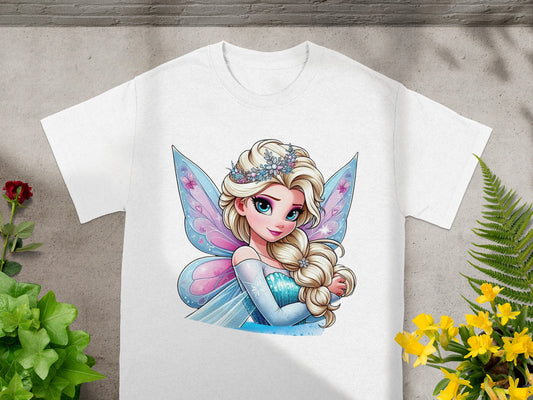 White t-shirt featuring a cartoon princess with blonde hair, blue eyes, and fairy wings.