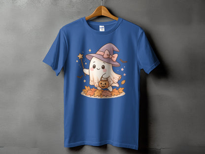 Blue t-shirt with a cartoon ghost wearing a witch hat and holding a pumpkin trick-or-treat bucket.