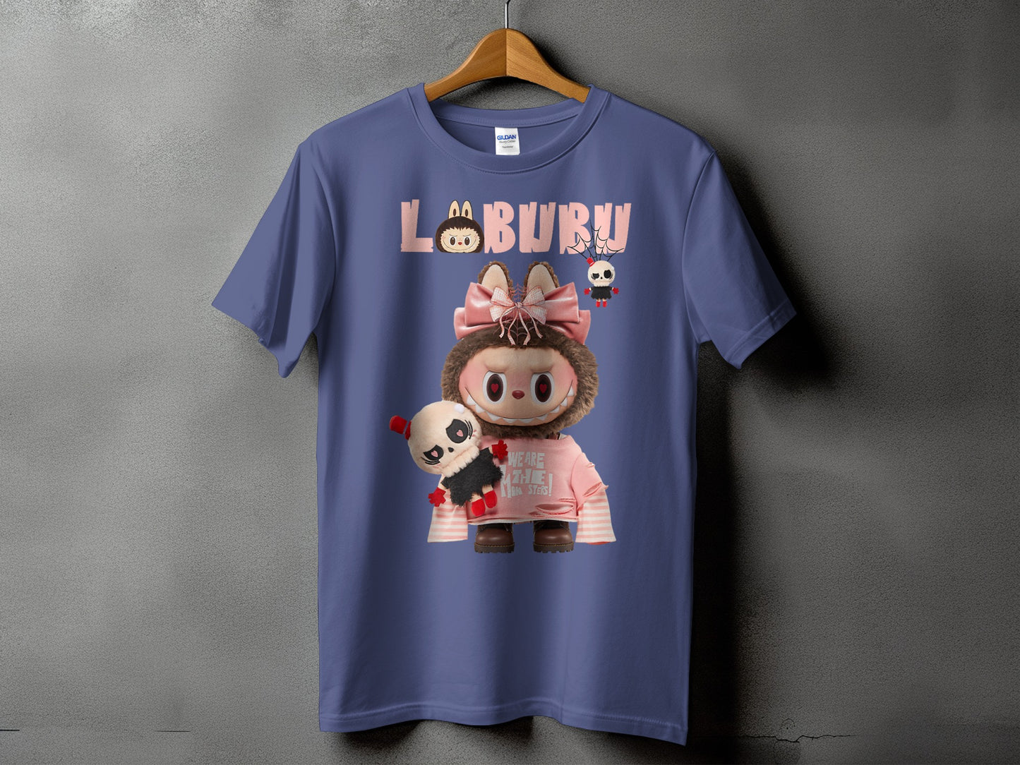 Purple t-shirt with "LABURU" text and a furry monster character holding a panda.