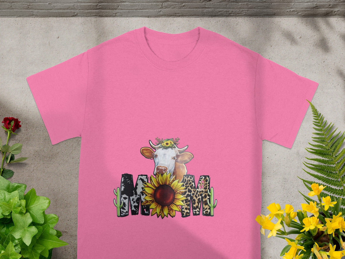Mom Cow and Sunflower Graphic Pink T-Shirt