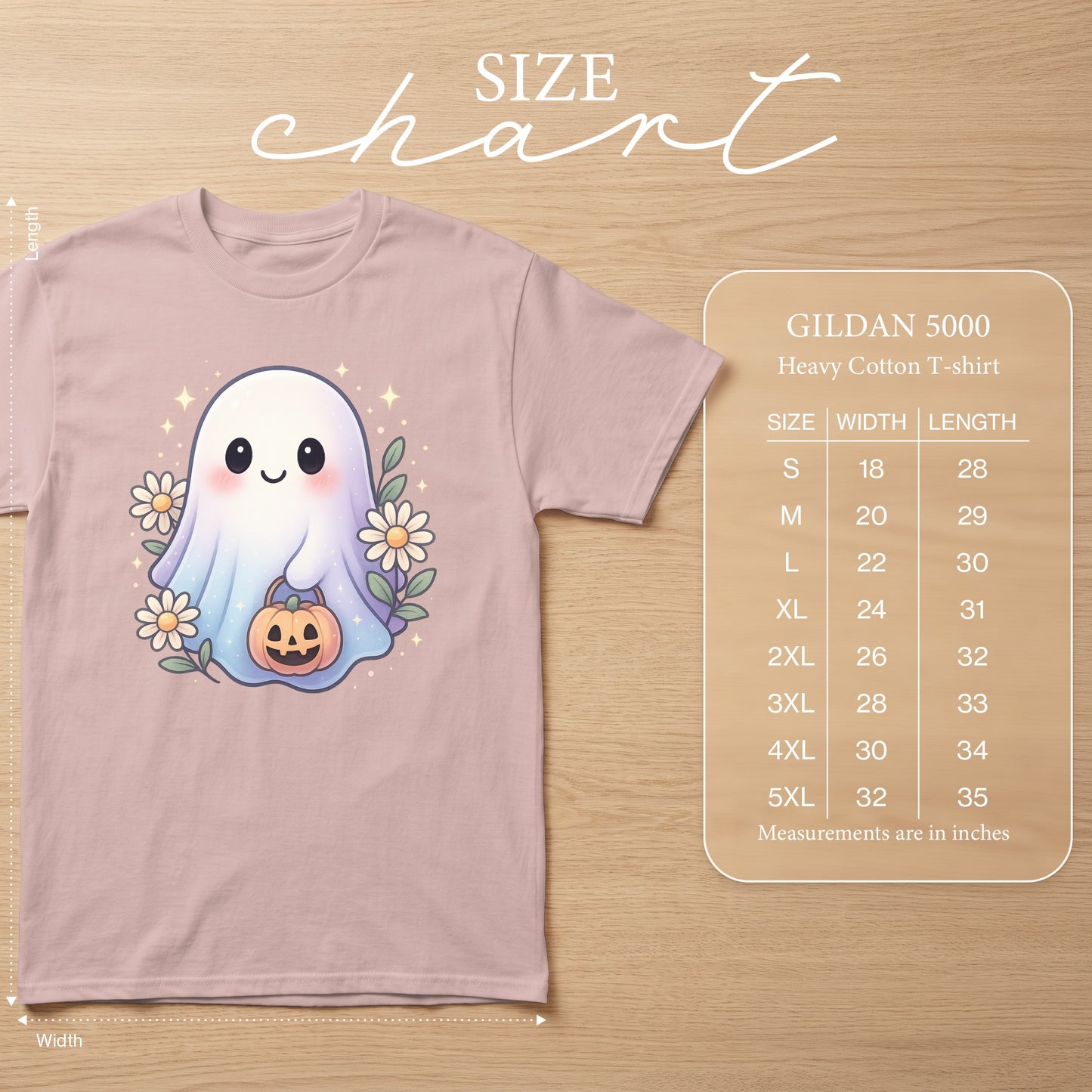 Gildan 5000 size chart with ghost graphic and measurements in inches.