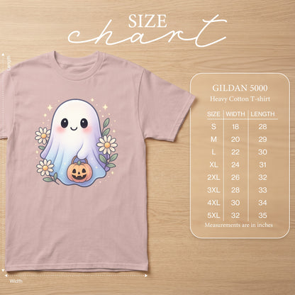 Gildan 5000 size chart with ghost graphic and measurements in inches.