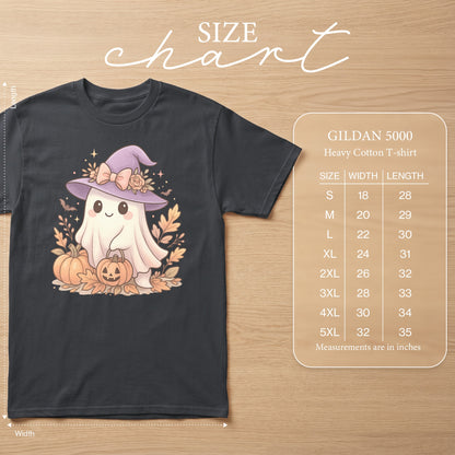 Ghost wearing witch hat with pumpkins, Gildan 5000 Heavy Cotton T-shirt size chart in inches.