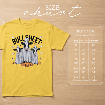 Yellow Gildan 5000 t-shirt with cartoon cows in ghost costumes and pumpkins.