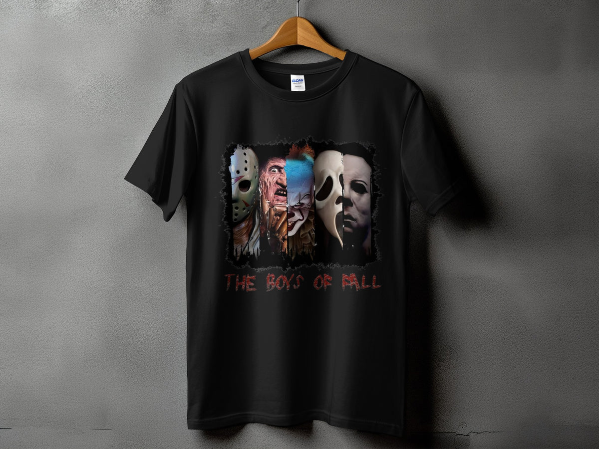 Black t-shirt with horror villains' masks and "The Boys of Fall" text.