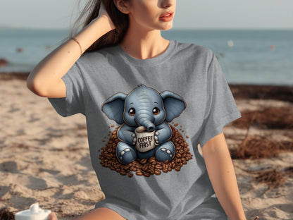 Coffee First Elephant T-Shirt Cute Cartoon Design